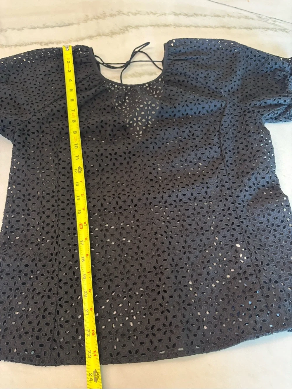 J. Crew Black Eyelet Mesh Cotton Puff-Sleeve Flowy Blouse Size 8